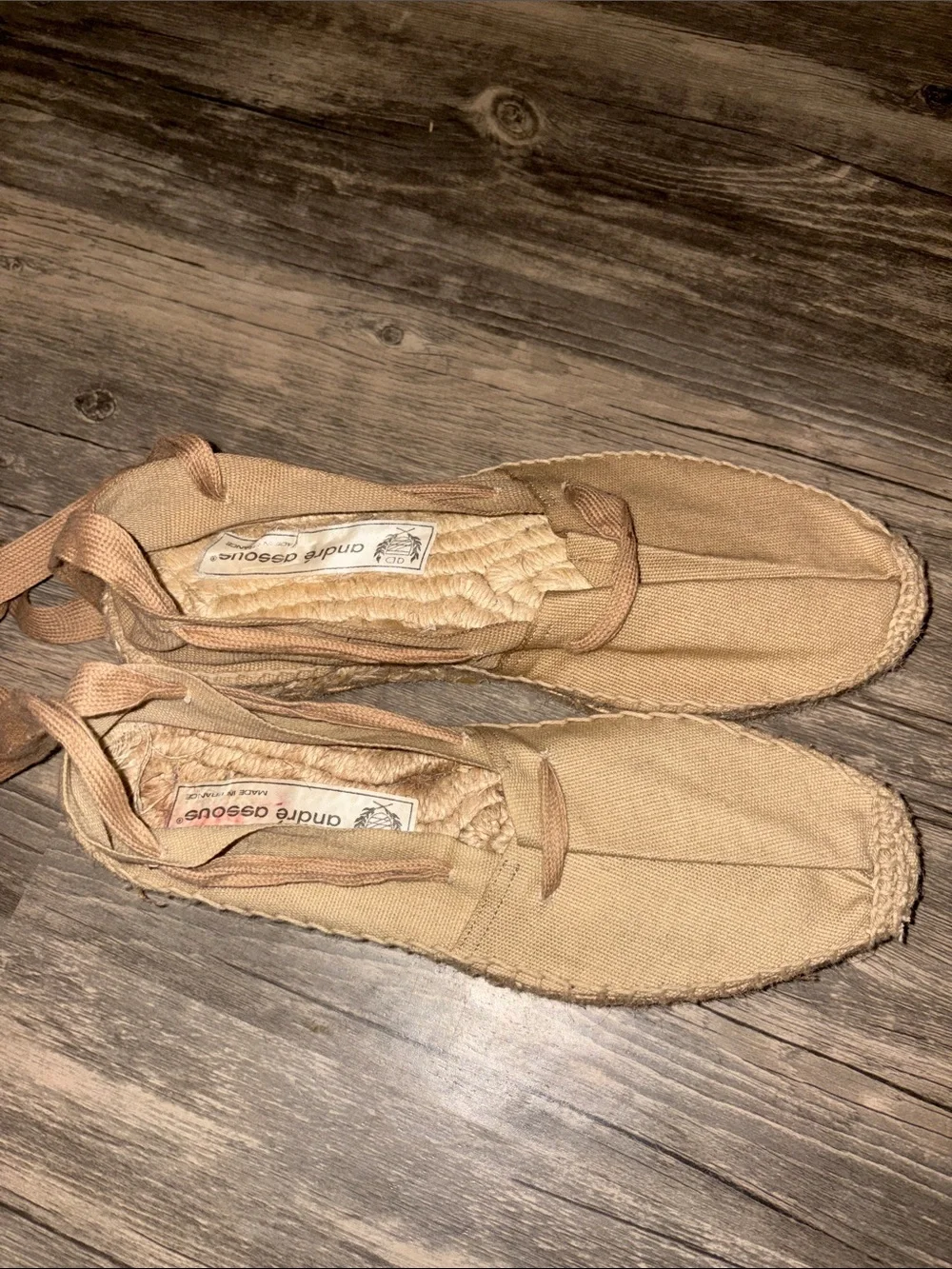 Andre Assous Tan Canvas Espadrille Lace-Up Flats size 9 made in France